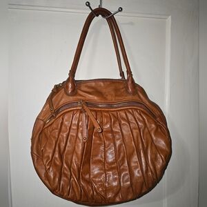 Sabina New York Brown Leather Hobo Handbag Pleated Rounded Zippers 18x13"